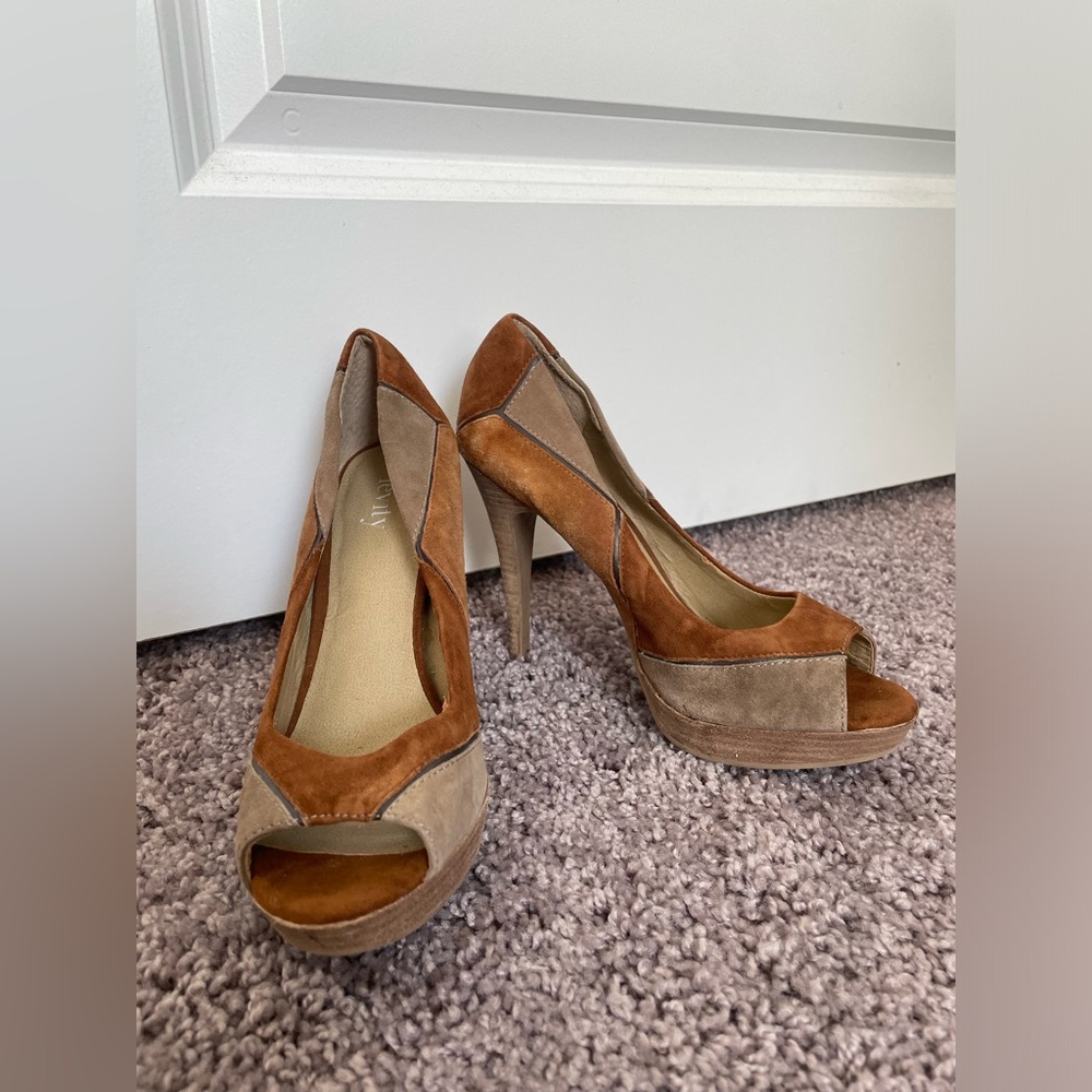 Levity Shoes Suede Cognac Peep Toe Pumps